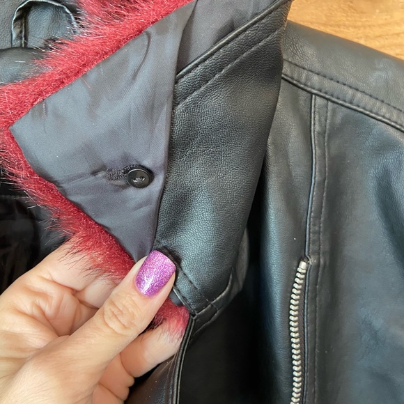 Rampage Black Faux Leather Moto Jacket with Removable Red Fur Collar - Picture 4 of 10